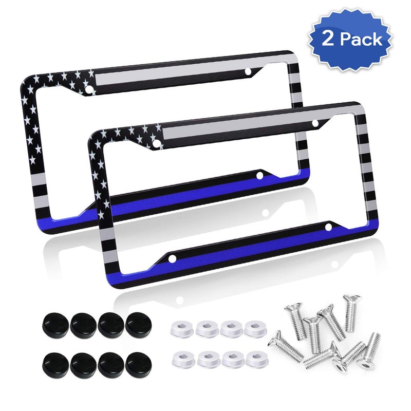 DZGlobal Thin Blue Line Black American Flag License Plate Frame, American Flag Car Tag Frame, Back and Front License Plate Frame 2 Pack - Image 2